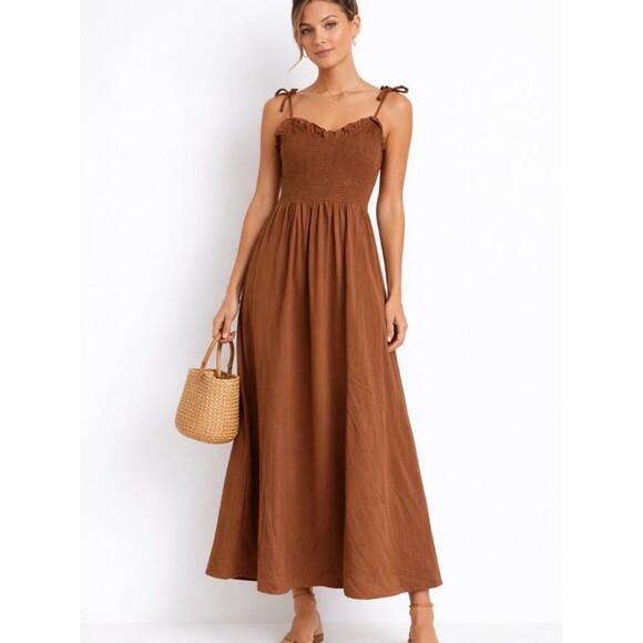 Dresses & Skirts - By The River Dress Large Brown Smocked Tie Strap Boho Maxi Summer Flowy
